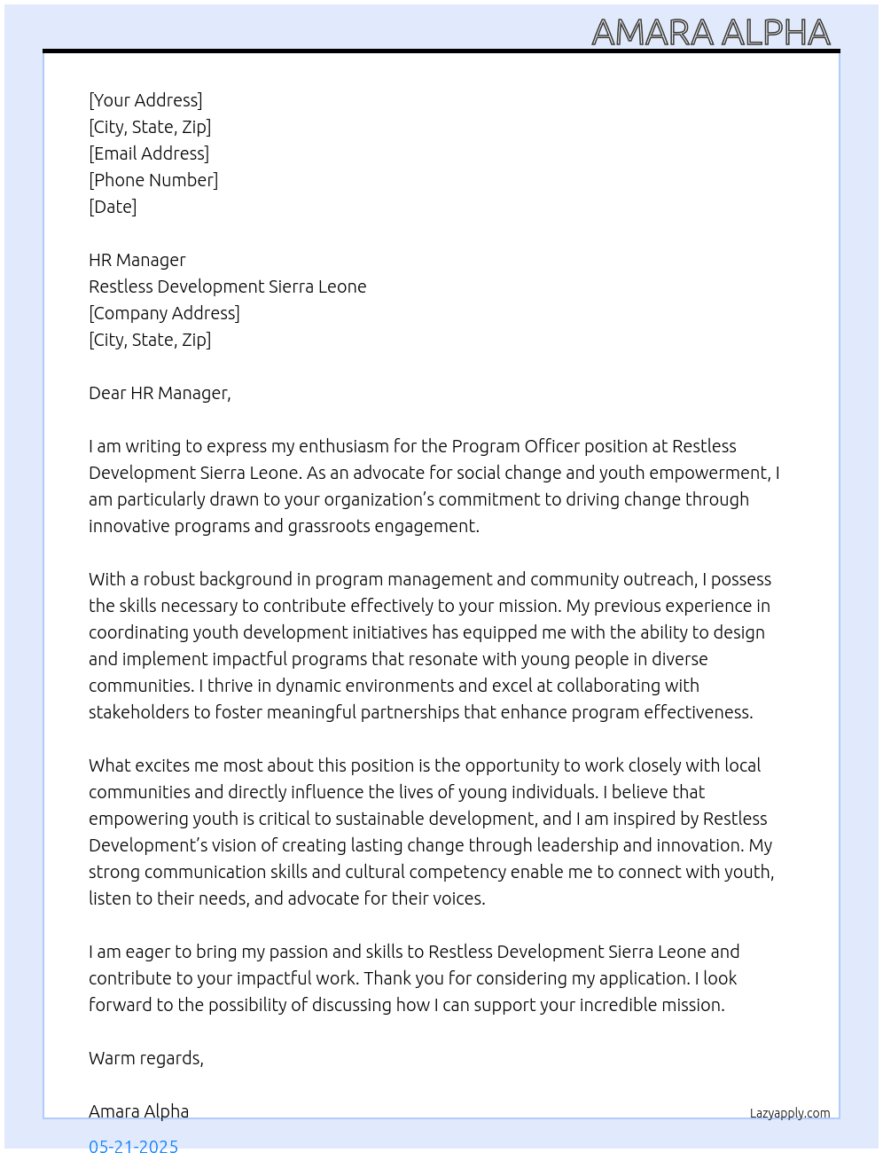 Program Officer  At Restless Development Sierra Leone  Cover Letter