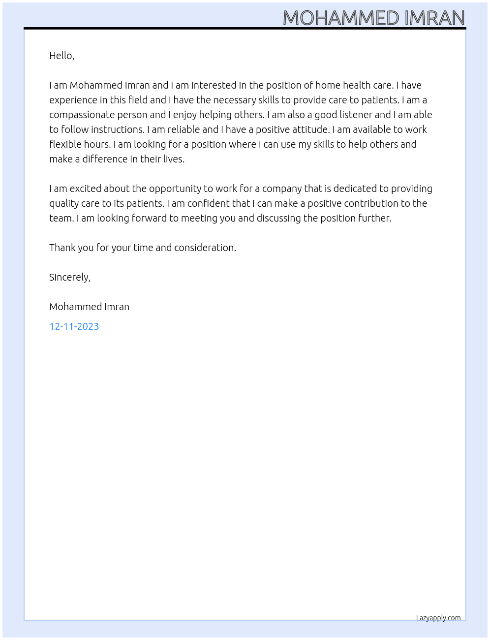 Home health care At Home heath care Cover Letter