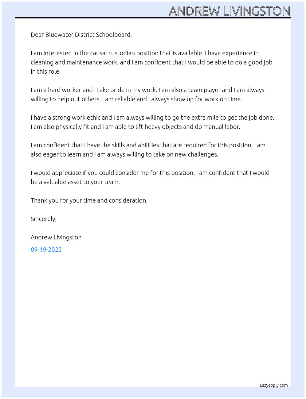 Causal Custodian At Bluewater District Schoolboard Cover Letter