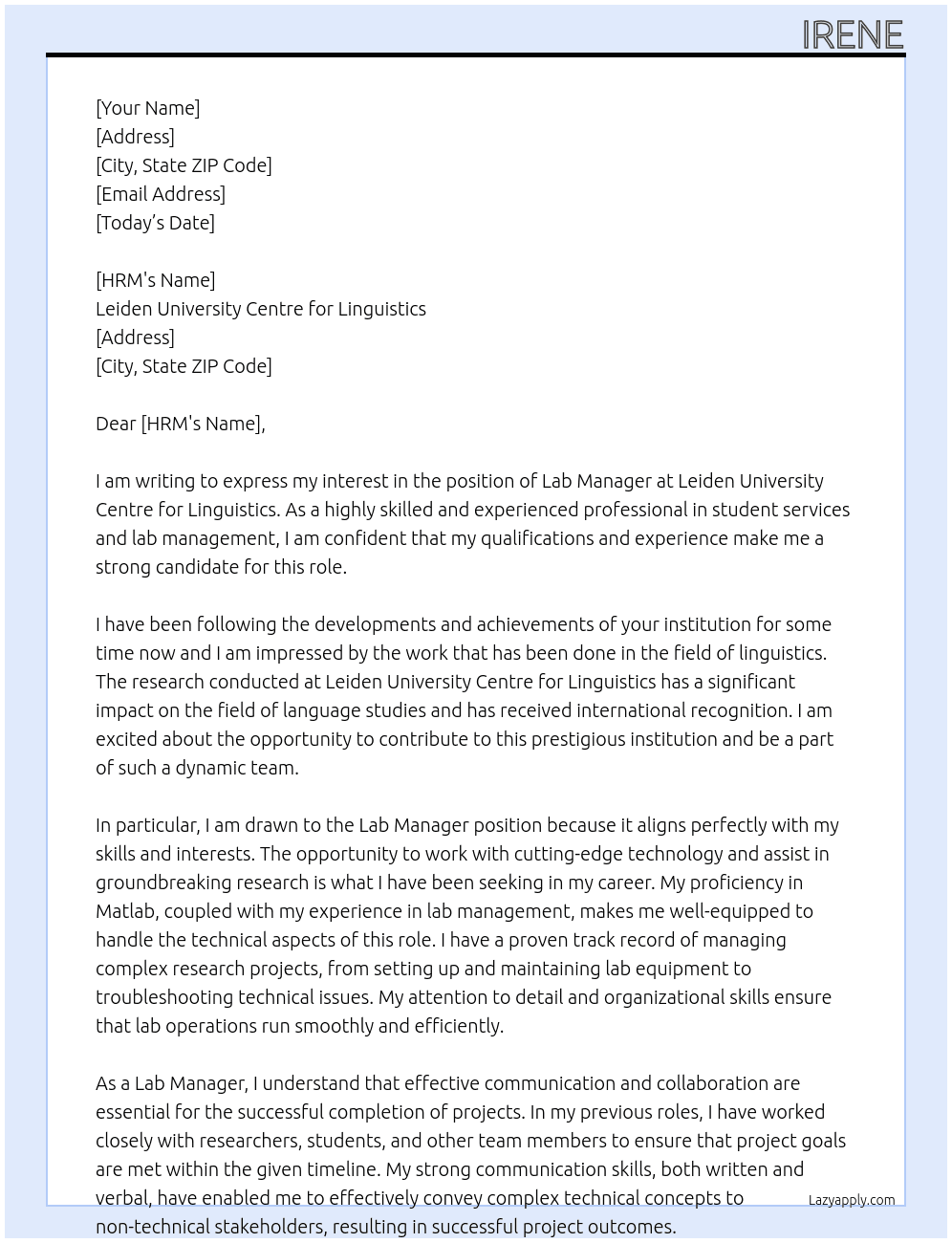 Lab manager At Leiden University Centre for Linguistics  Cover Letter
