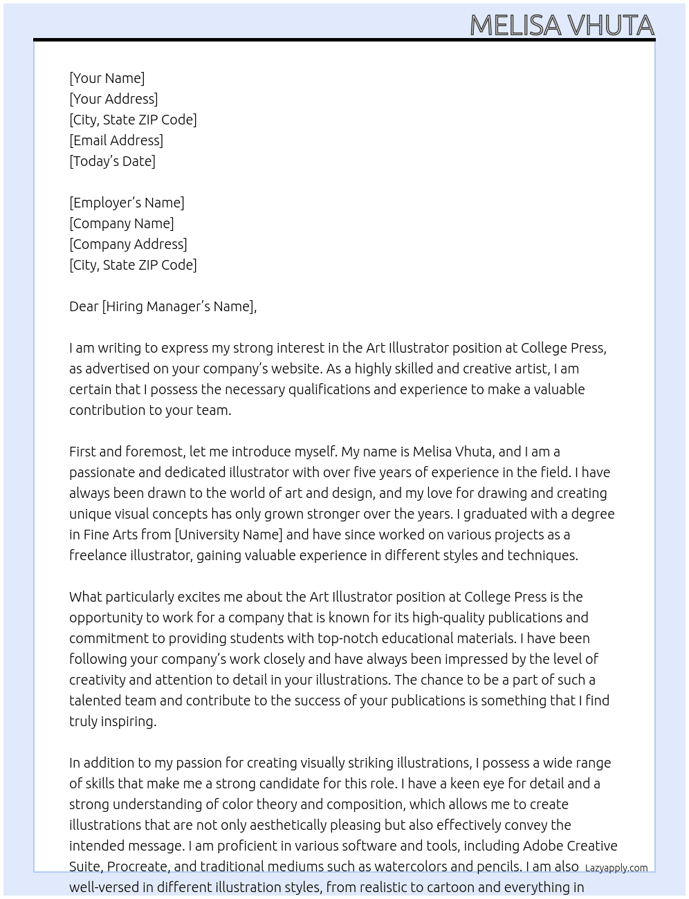 Art illustrator  At college press Cover Letter