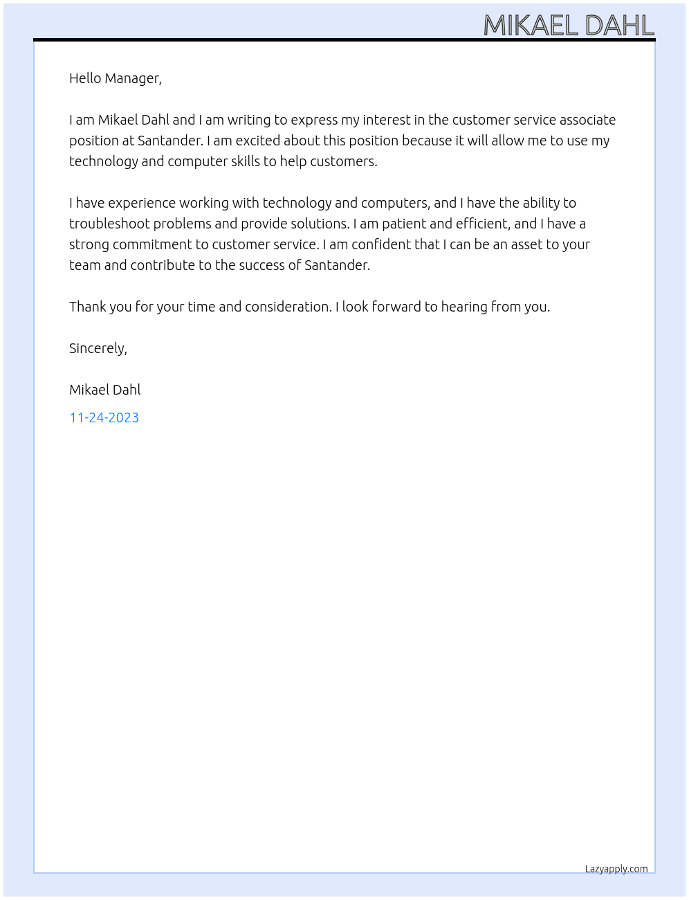 Customer service associate At Santander Cover Letter