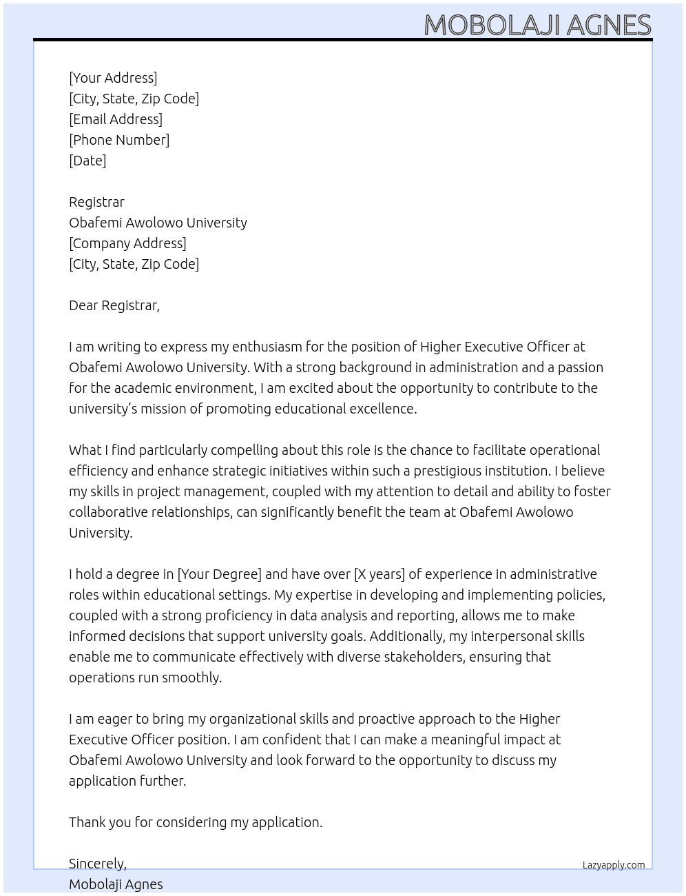Higher executive officer  At Obafemi awolowo university  Cover Letter