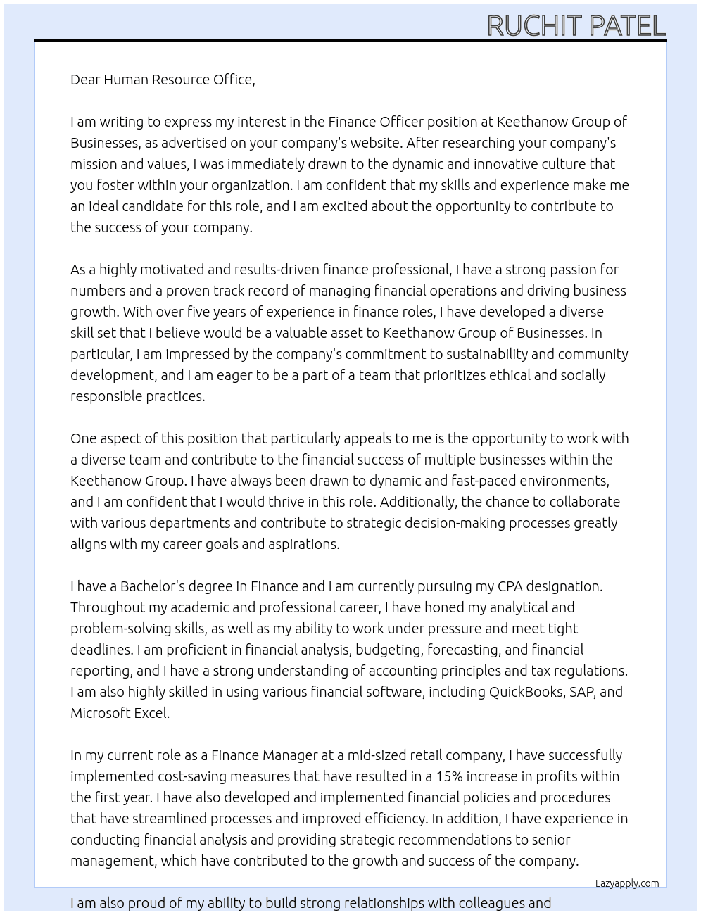 Finance Officer At Keethanow Group of Businesses Cover Letter