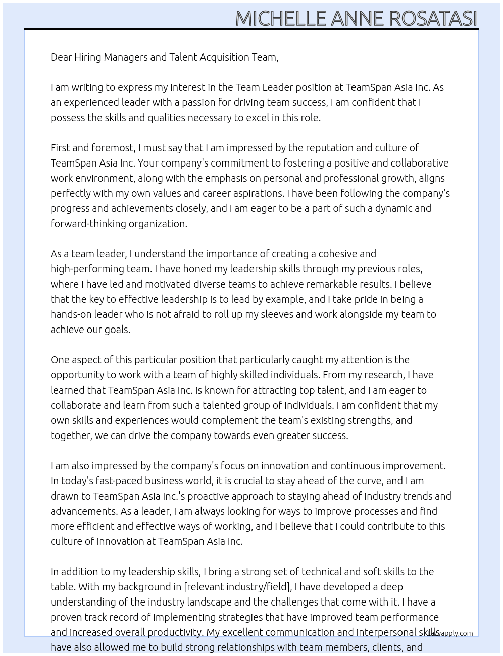 Team leader At TeamSpan Asia Inc. Cover Letter