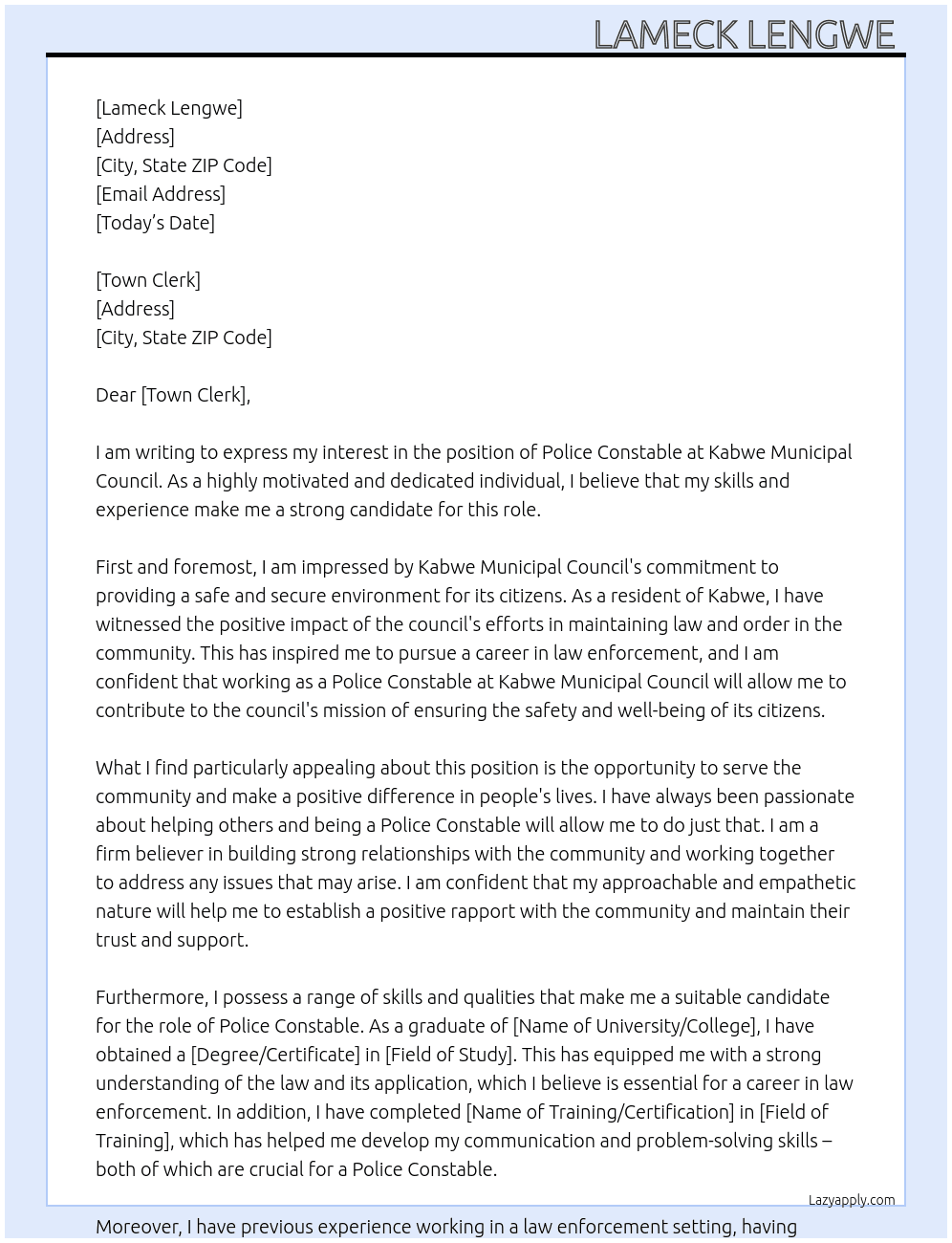 Police constable At Kabwe municipal council  Cover Letter