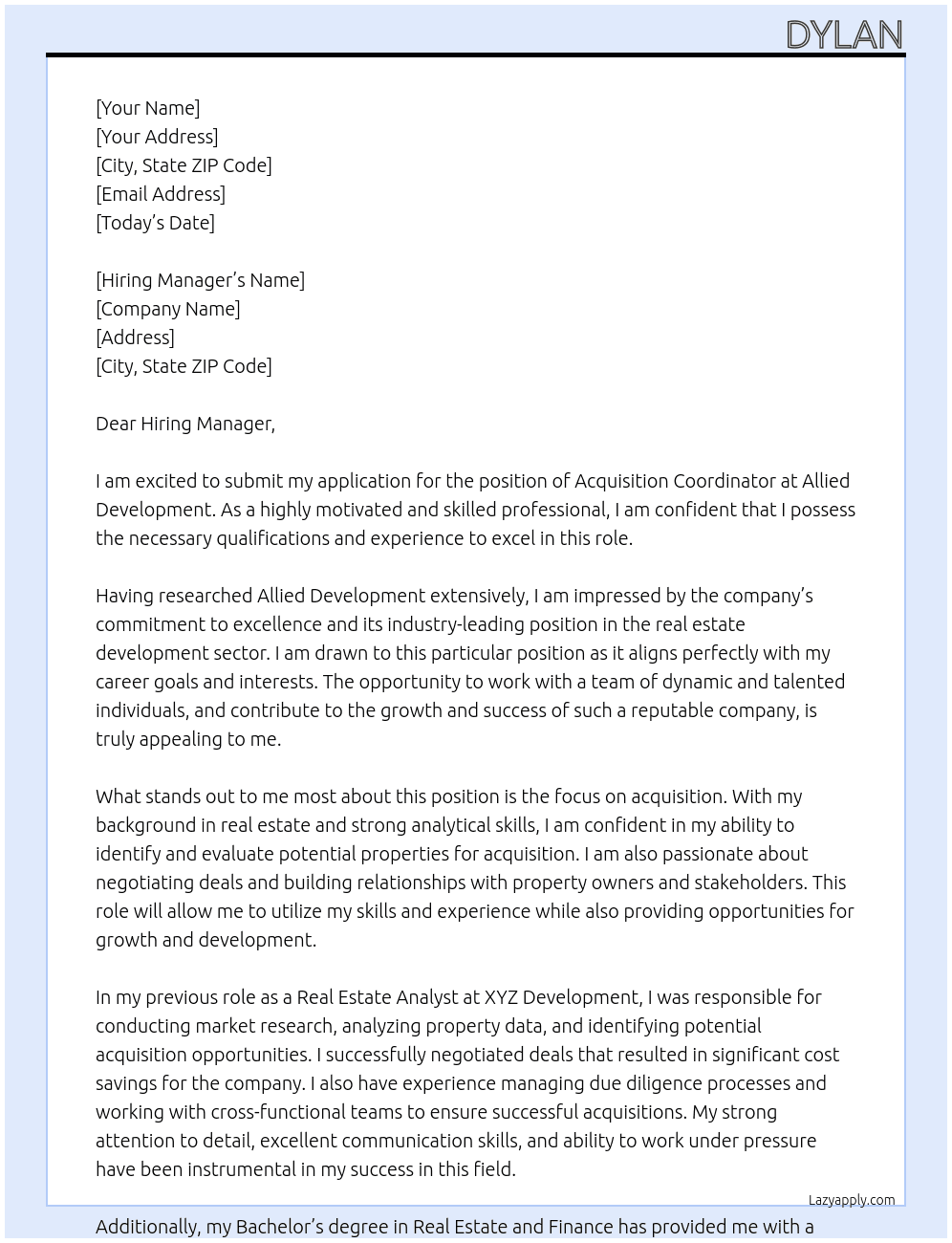 Acquisition Coordinator At Allied Development Cover Letter