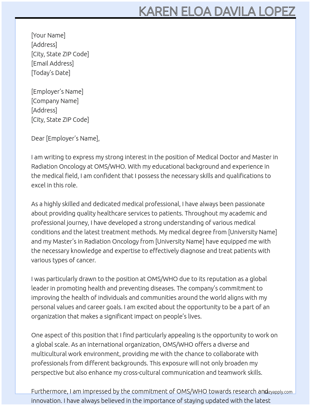 MEDICAL DOCTOR AND MASTER IN RADIATION ONCOLOGY At OMS/WHO Cover Letter
