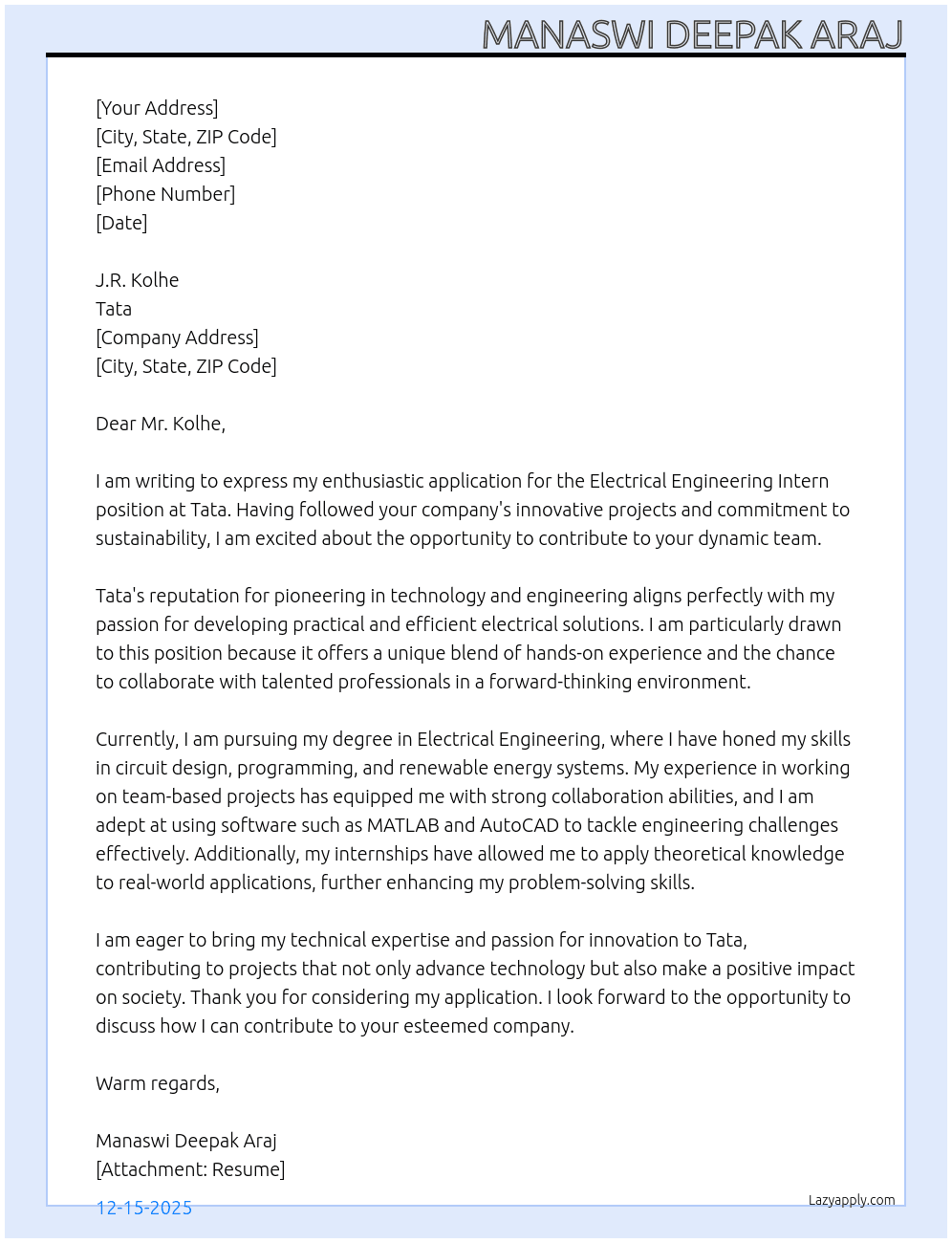 Electrical engineering intern  At Tata Cover Letter