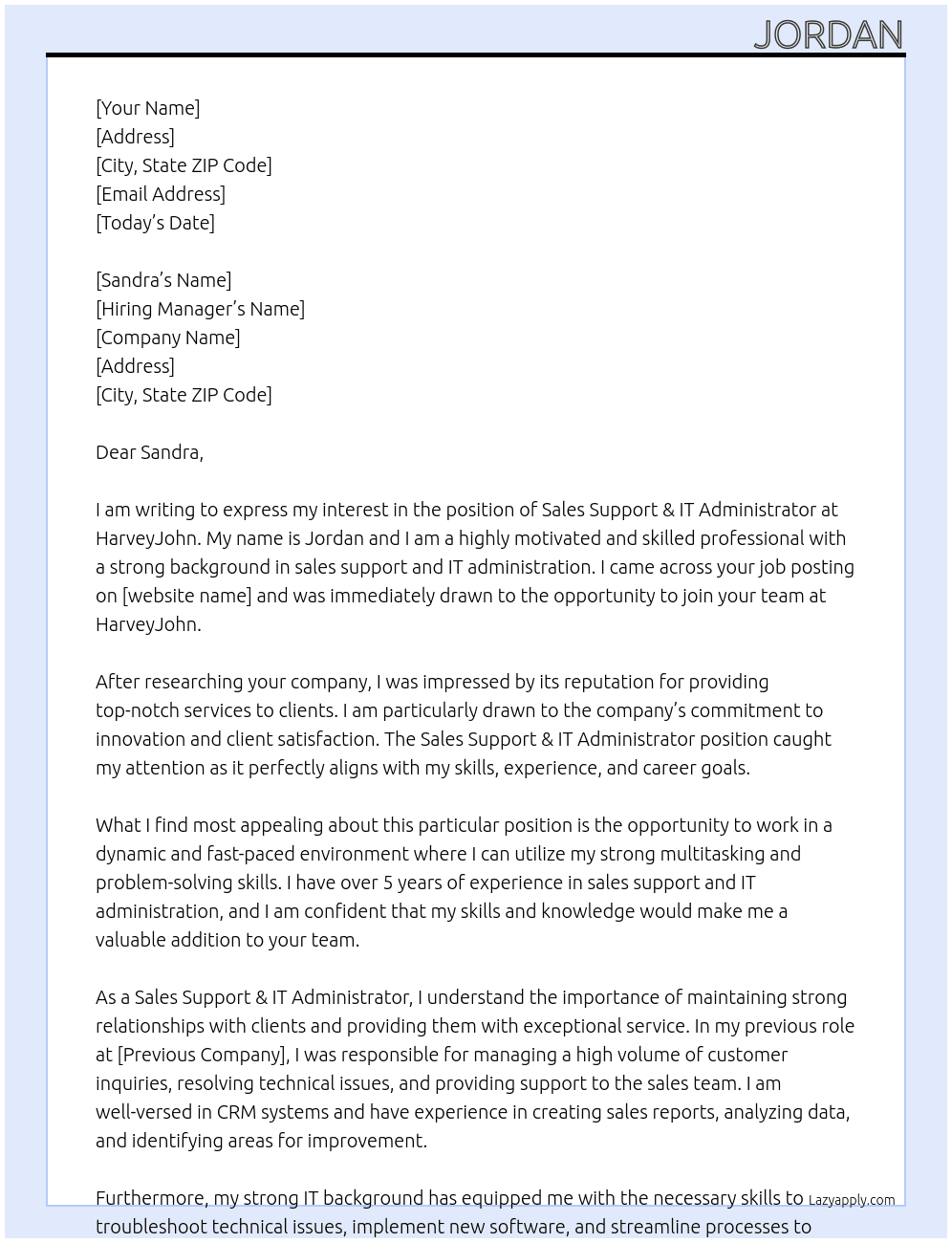 Sales Support & IT Administrator At HarveyJohn Cover Letter
