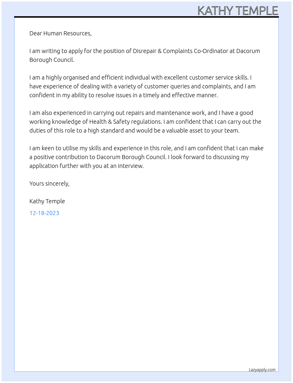 Disrepair & Complaints Co-Ordinator At Dacorum Borough Council Cover Letter