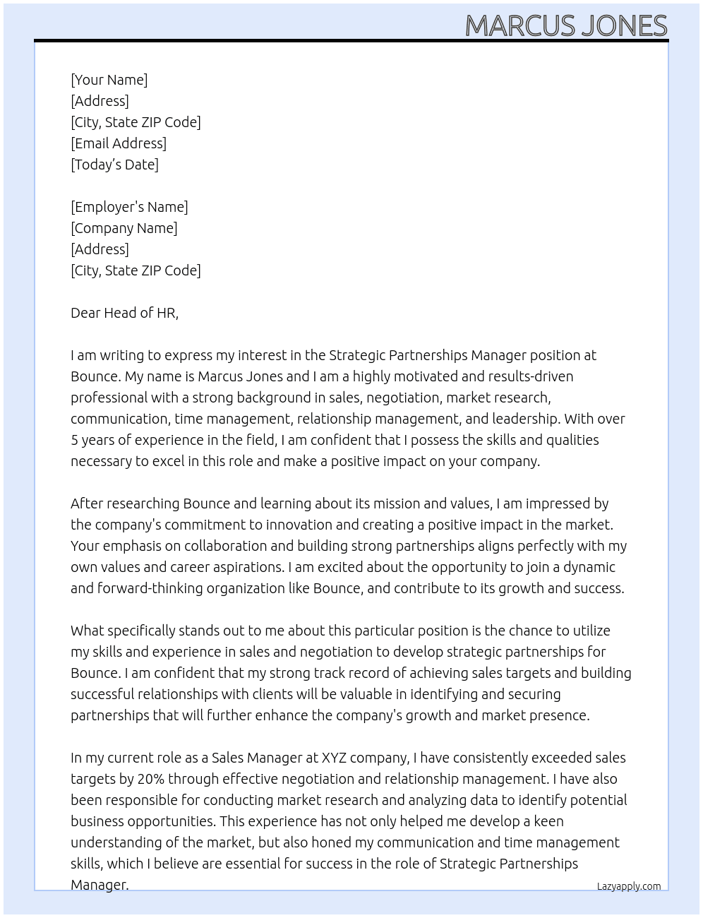 Strategic Partnerships Manager At Bounce Cover Letter