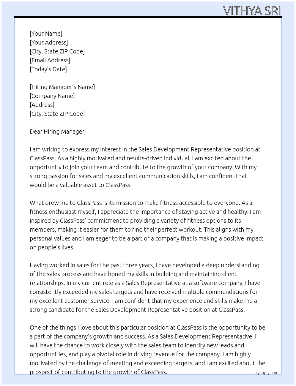 Sales Development Representative At ClassPass Cover Letter