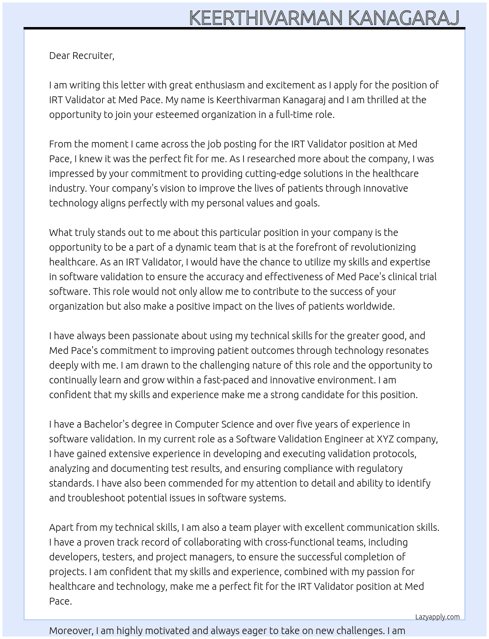 IRT validator At Med pace Cover Letter