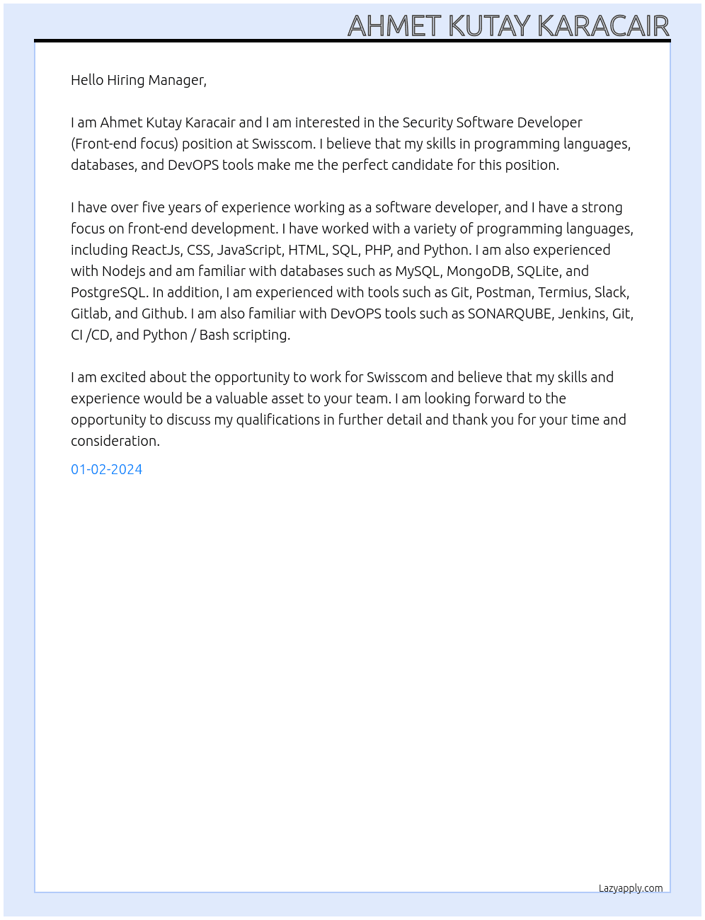 Security Software Developer (Front-end focus) At Swisscom  Cover Letter