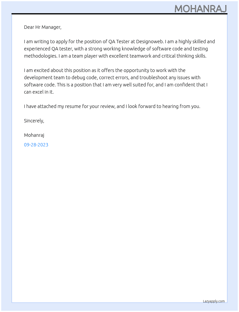QA Tester At Designoweb Cover Letter