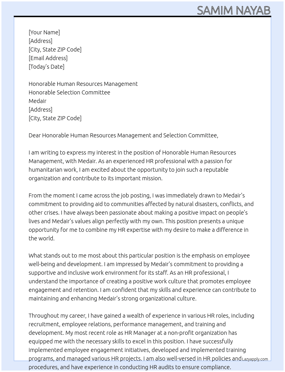 Honorable Human Resources Management, Honorable Selection Committee At Medair Cover Letter