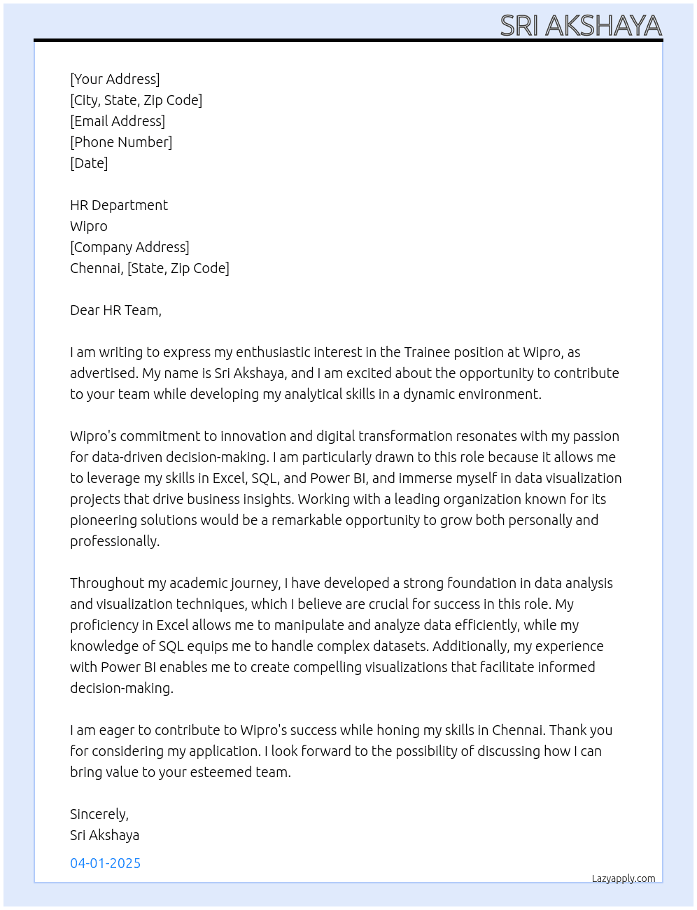 Trainee At Wipro Cover Letter