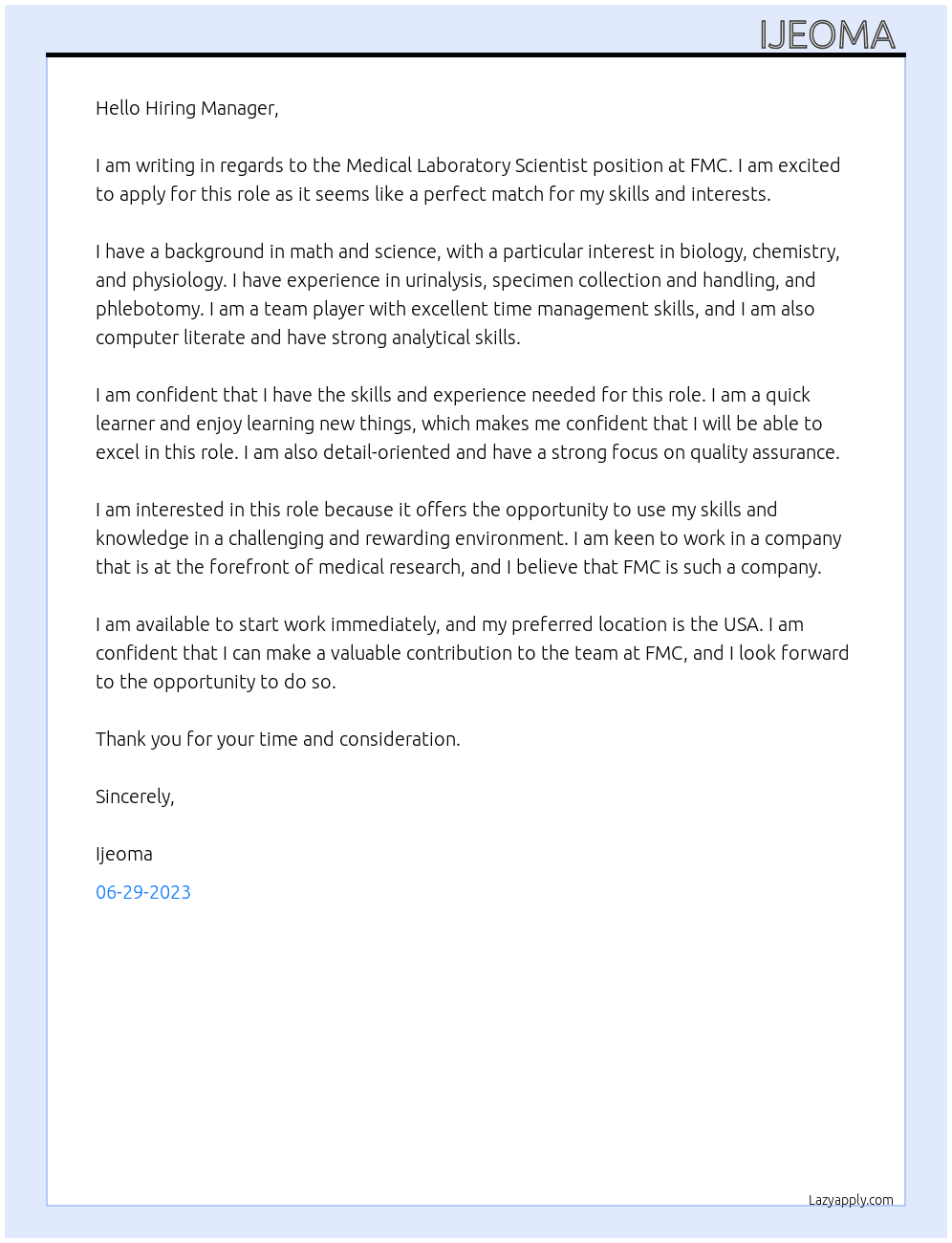 Medical Laboratory scientist  At FMC Cover Letter