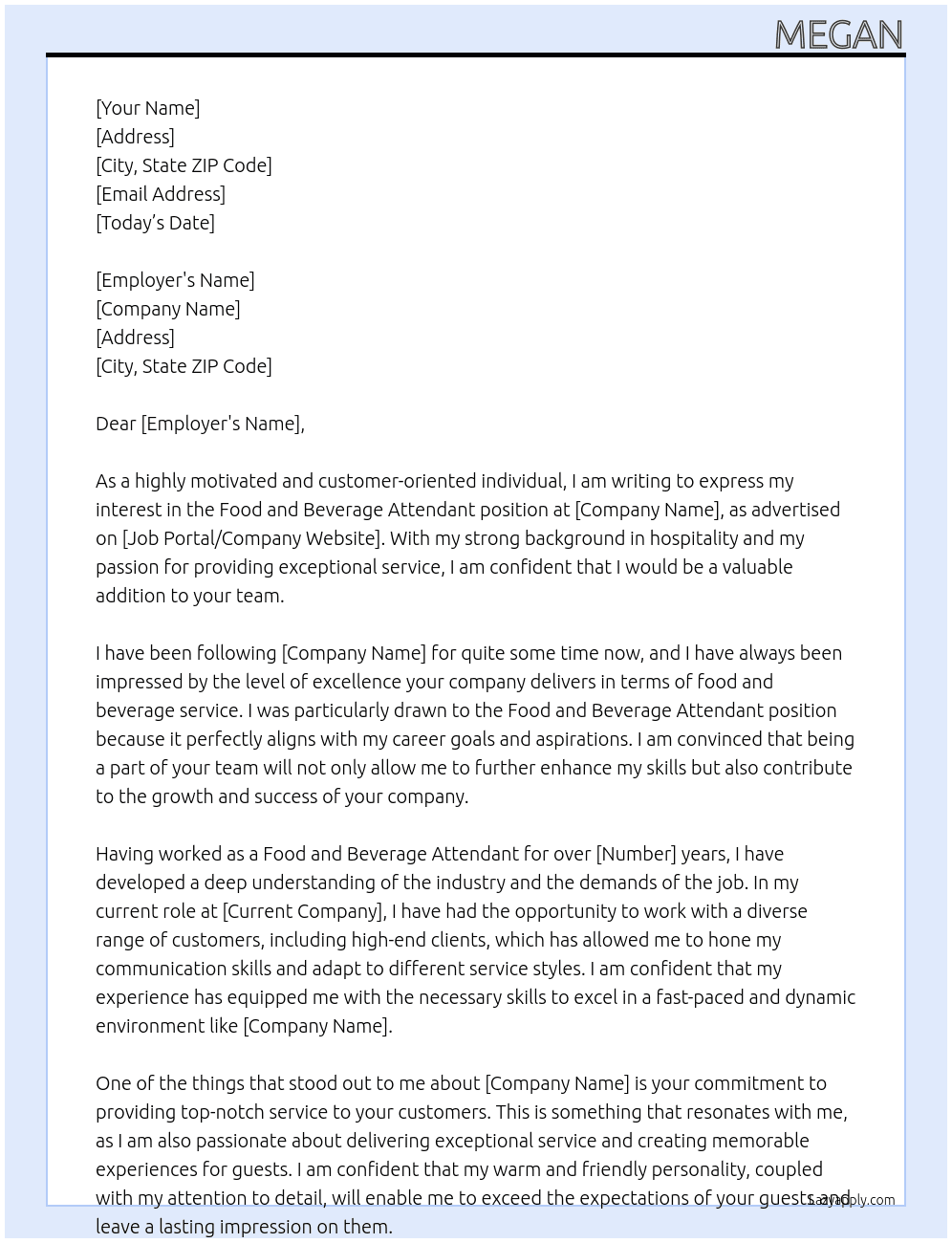 Food and beverage attendant At A Cover Letter