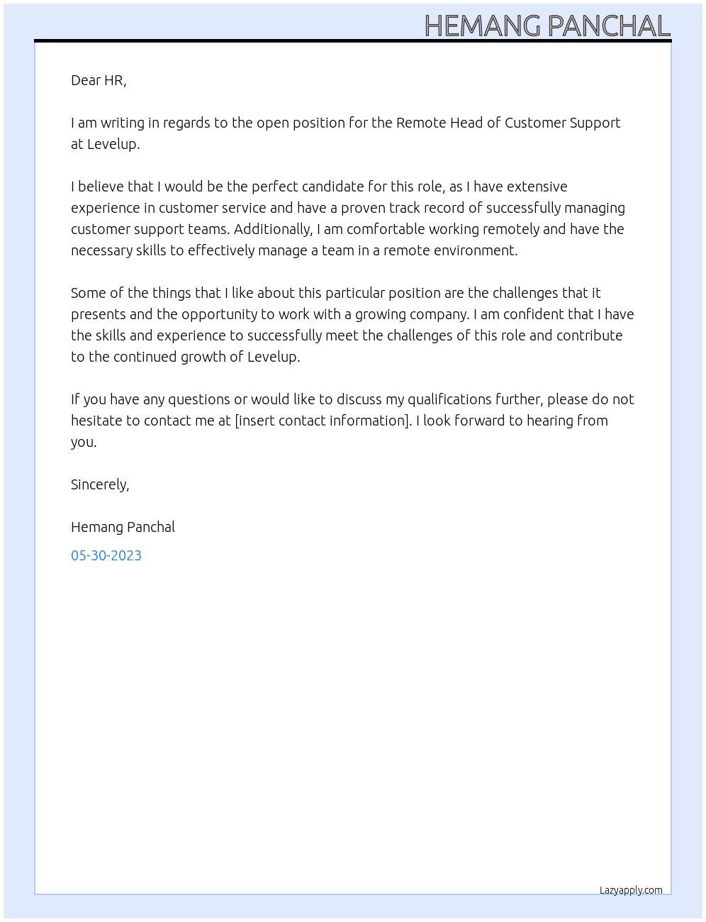 Remote Head of customer support At Levelup Cover Letter