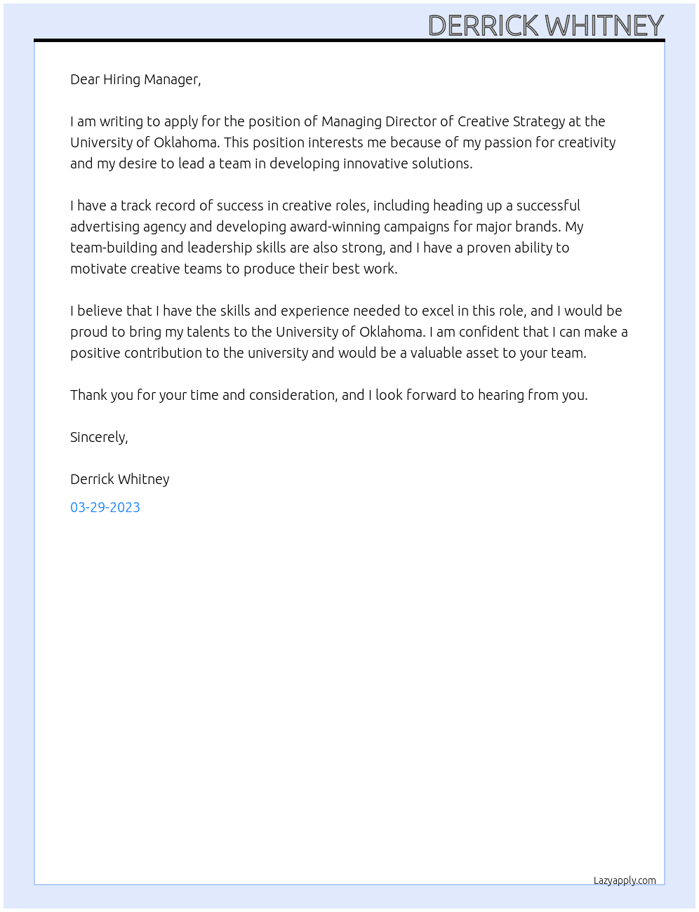 Managing Director of Creative Strategy At University of oklahoma Cover Letter