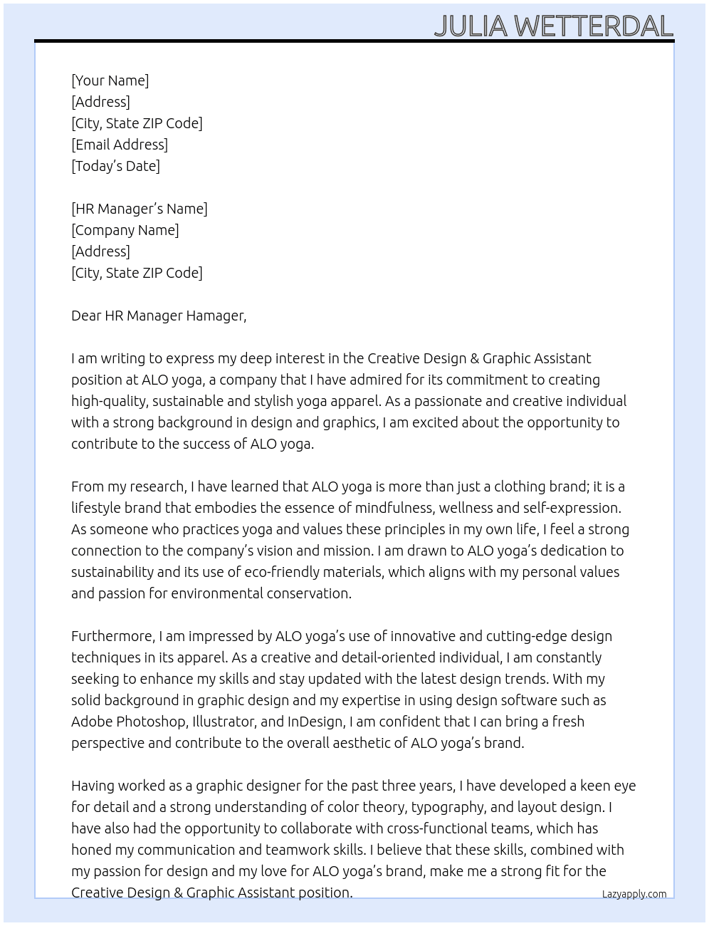 Creative Design & Graphic Assistant At ALO yoga Cover Letter