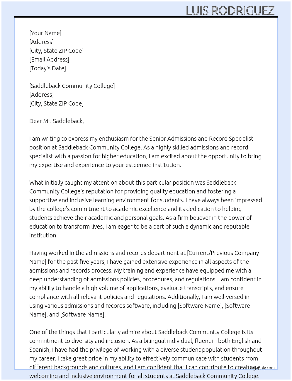 Senior Admissions and Record Specialist  At Saddleback Community College  Cover Letter