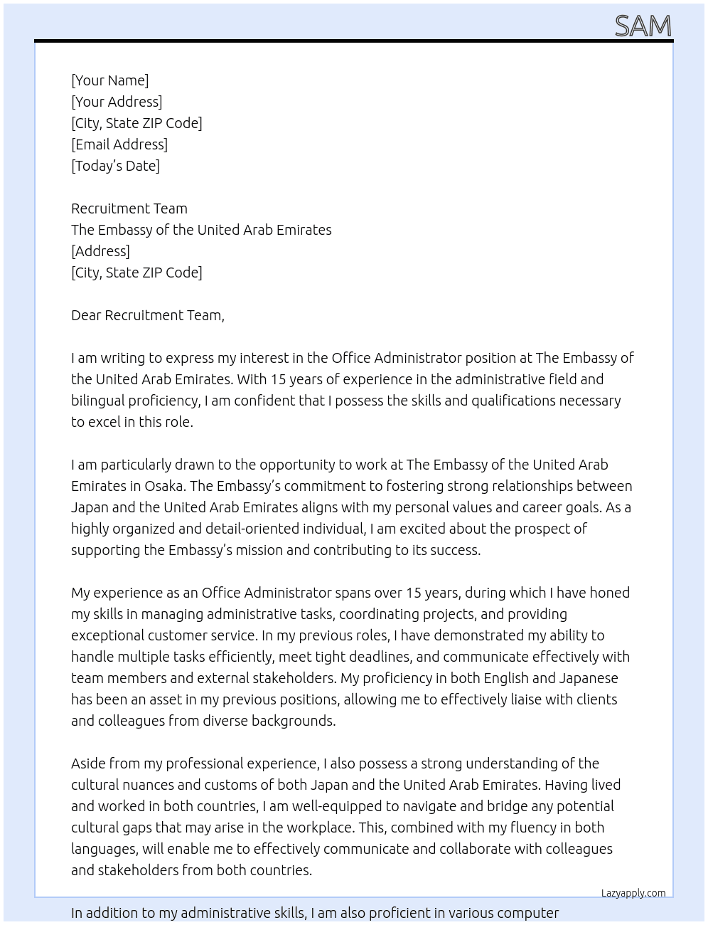 Office Administrator  At The Embassy Of the United Arab Emirates i Cover Letter