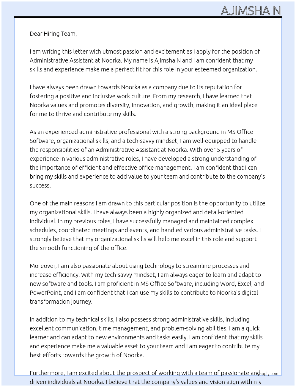 Administrative assistant  At Noorka Cover Letter