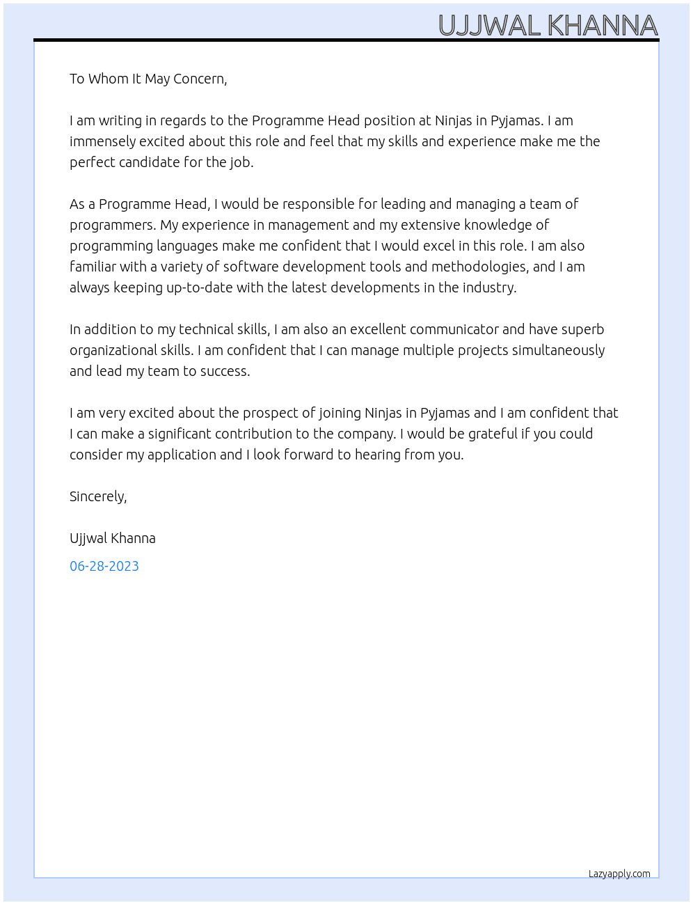 Programme Head At Ninjas in Pyjamas Cover Letter