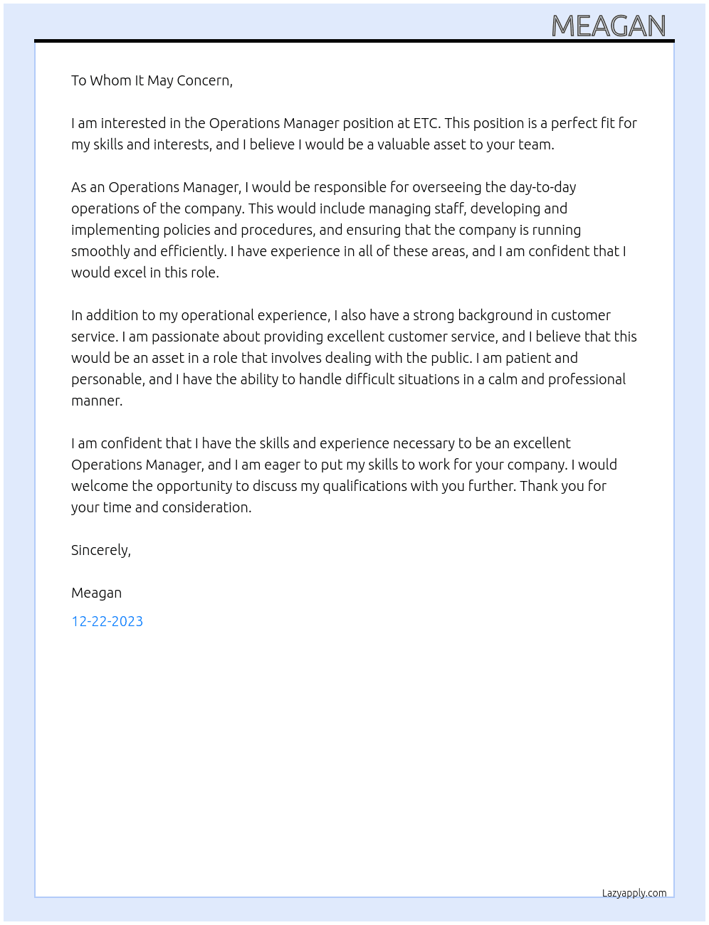 Operations Manager At ETC Cover Letter