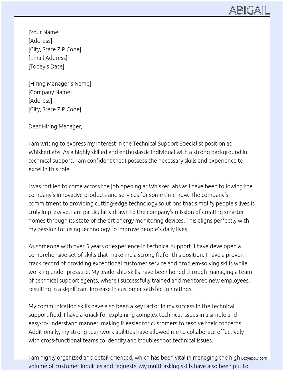 Technical Support Specialist At WhiskerLabs Cover Letter