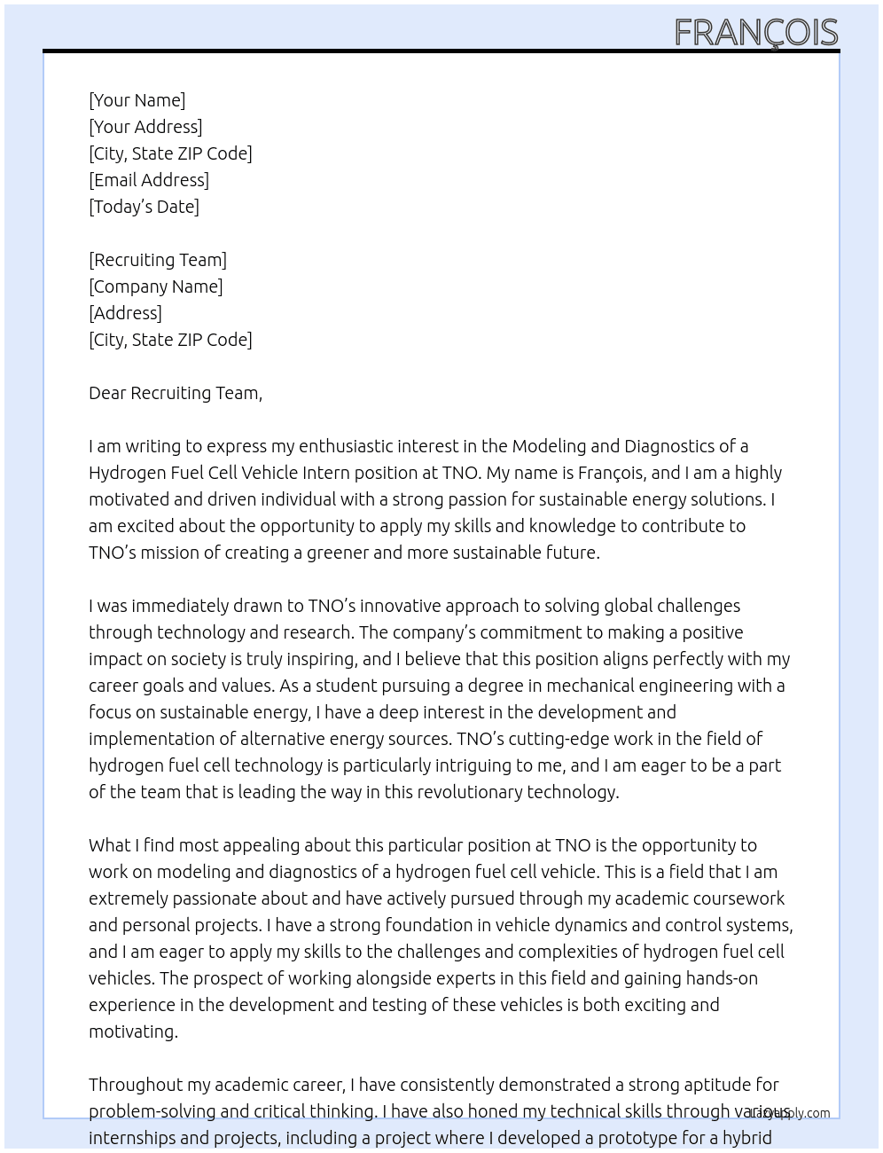 Modeling and Diagnostics of a Hydrogen Fuel Cell Vehicle intern At TNO Cover Letter