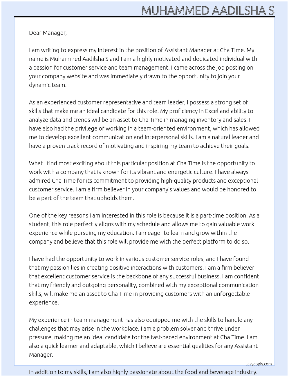 Assistant Manager At Cha Time Cover Letter