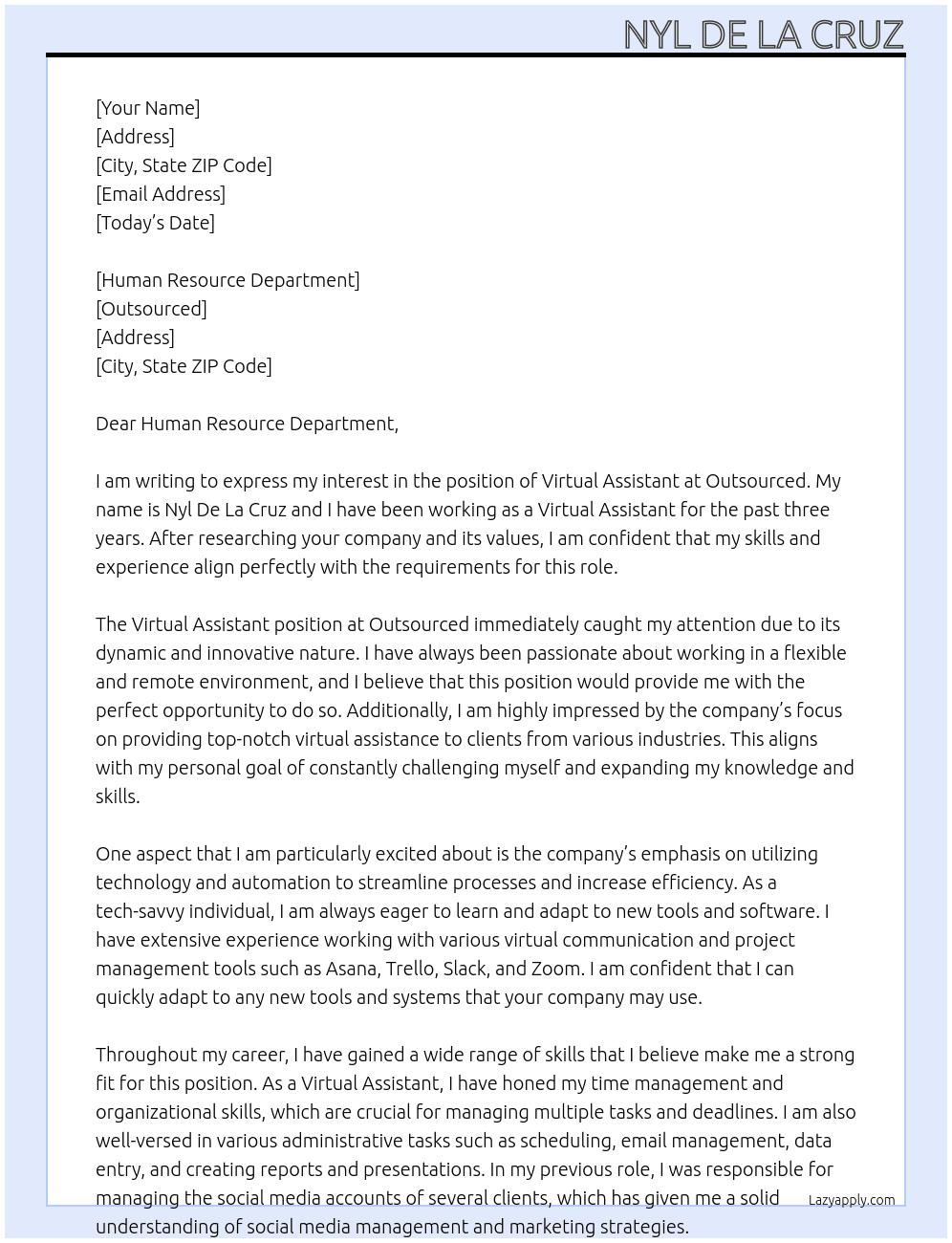 Virtual Assistant At Outsourced  Cover Letter