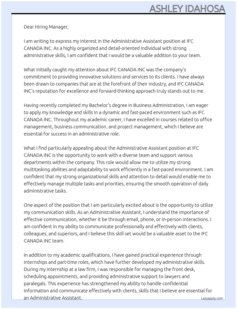Administrative Assistant  At IFC CANADA INC Cover Letter