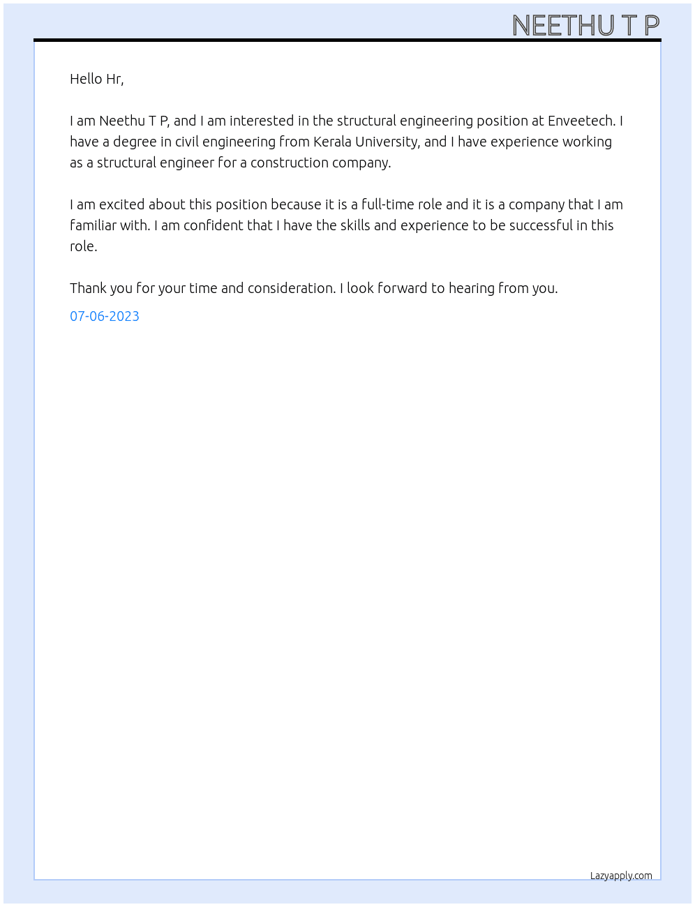 Structural engineeri At Enveetech Cover Letter