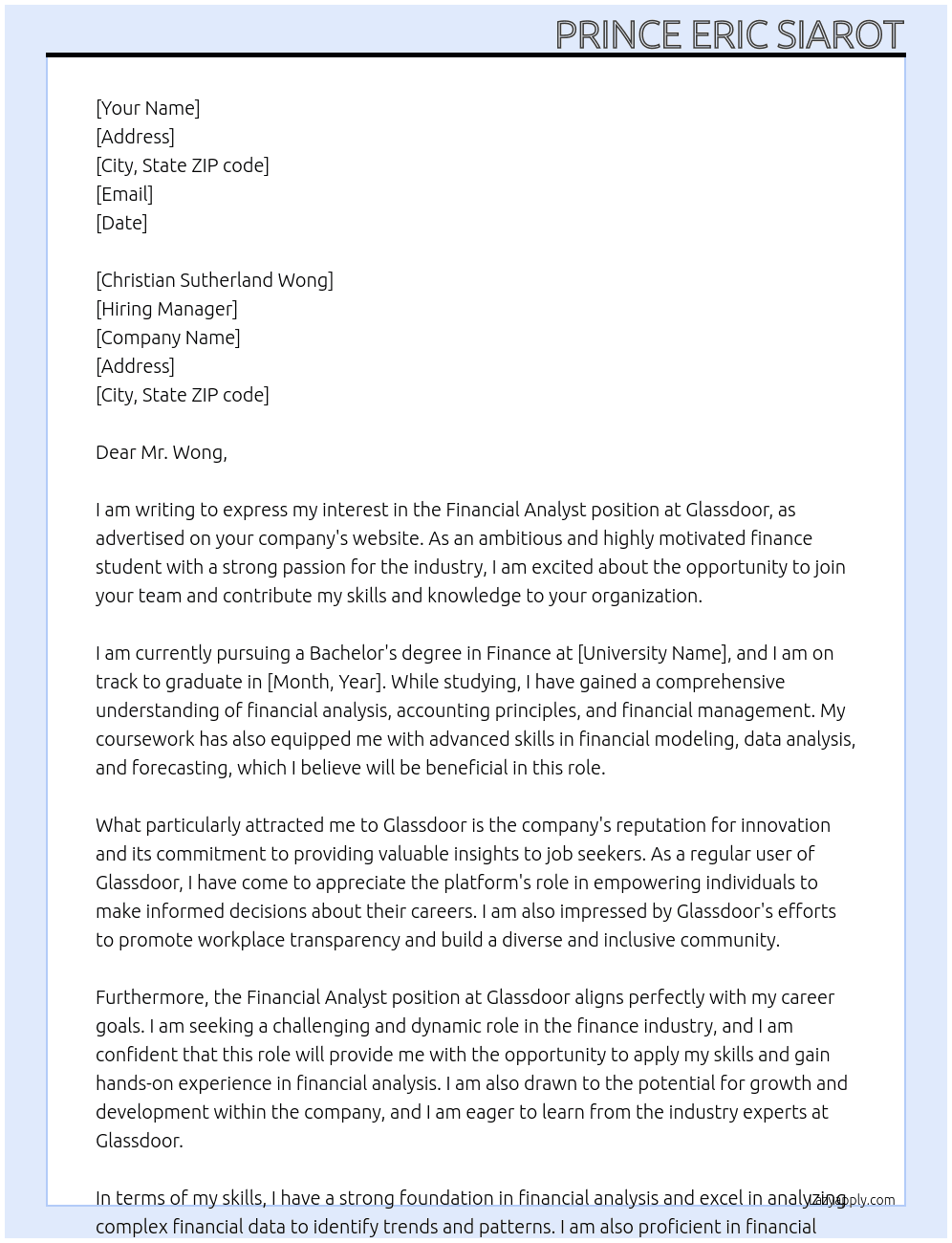 Financial Analyst At Glassdoor Cover Letter