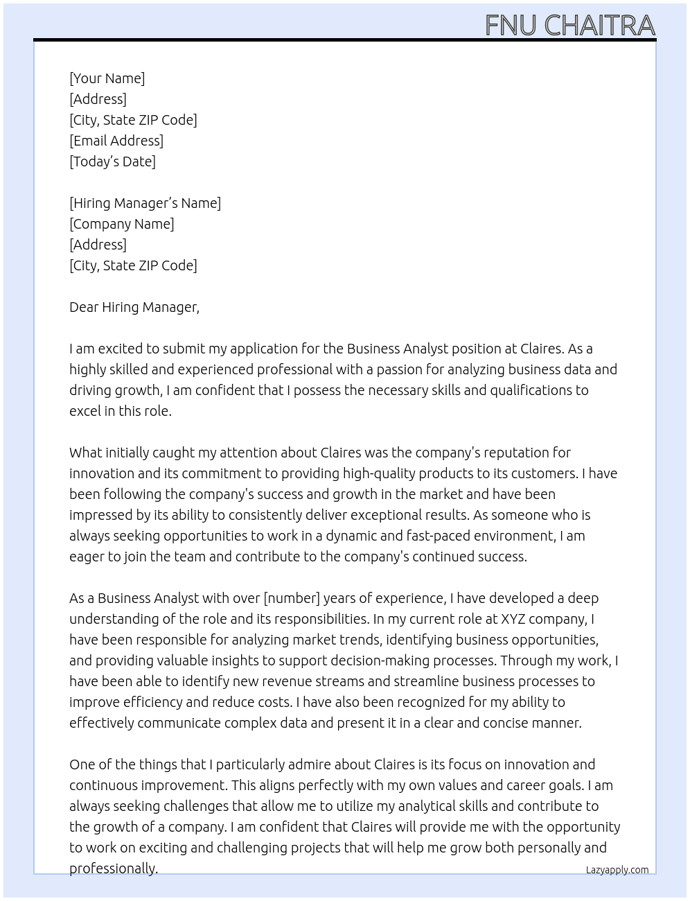 Business Analyst At Claires Cover Letter