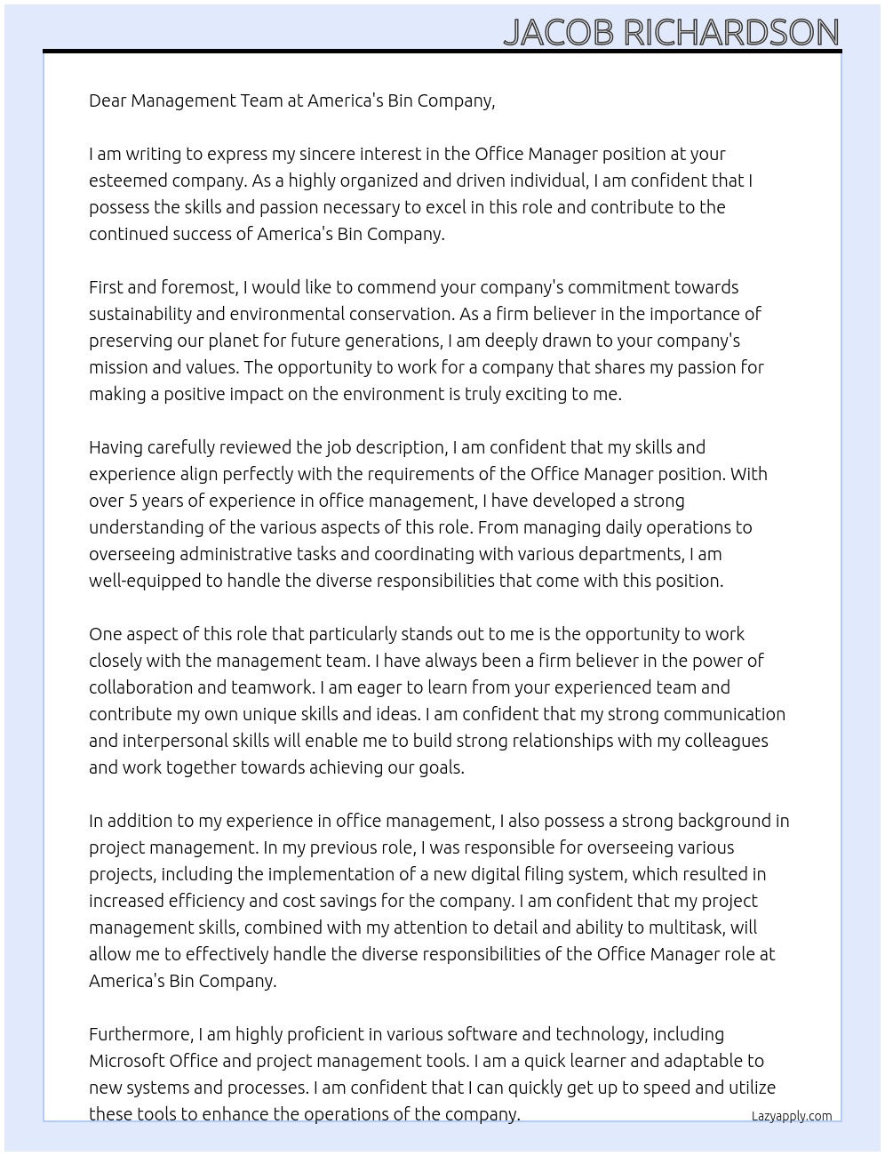 Office Manager At America's Bin Company Cover Letter