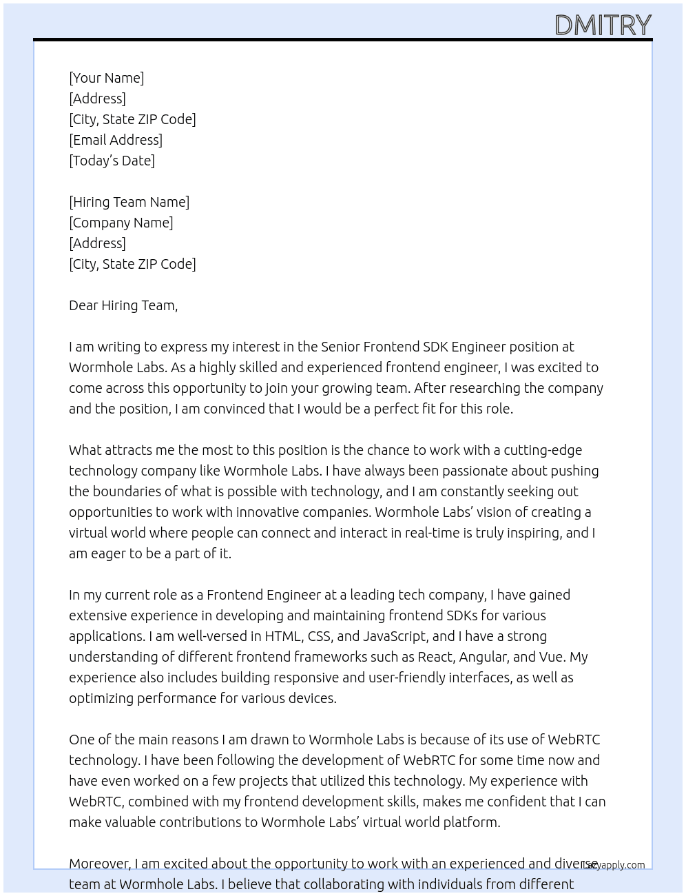 Senior Frontend SDK Engineer At Wormhole Labs Cover Letter