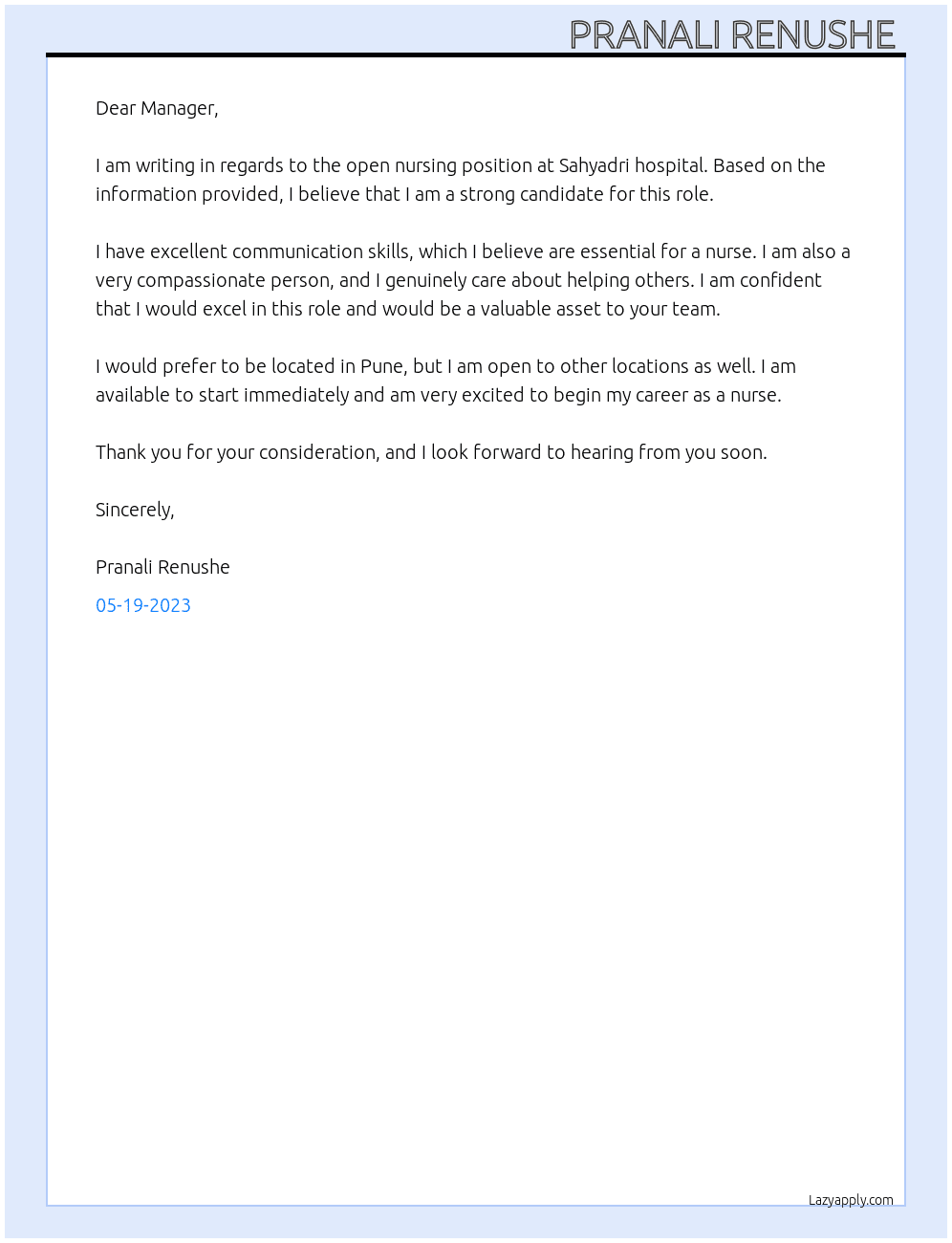 Nursing  At Sahyadri hospital Cover Letter