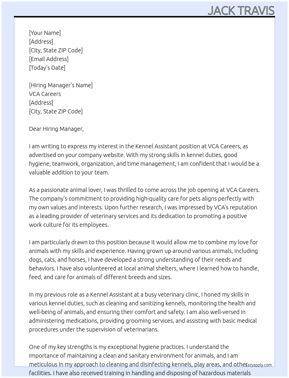 Kennel Assistant At VCA careers Cover Letter
