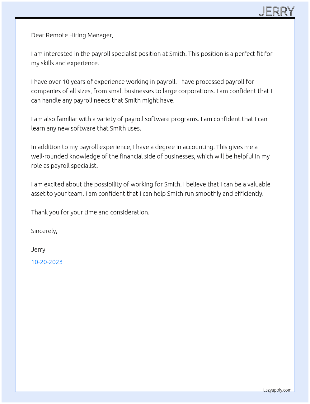 payroll specialist  At smith Cover Letter