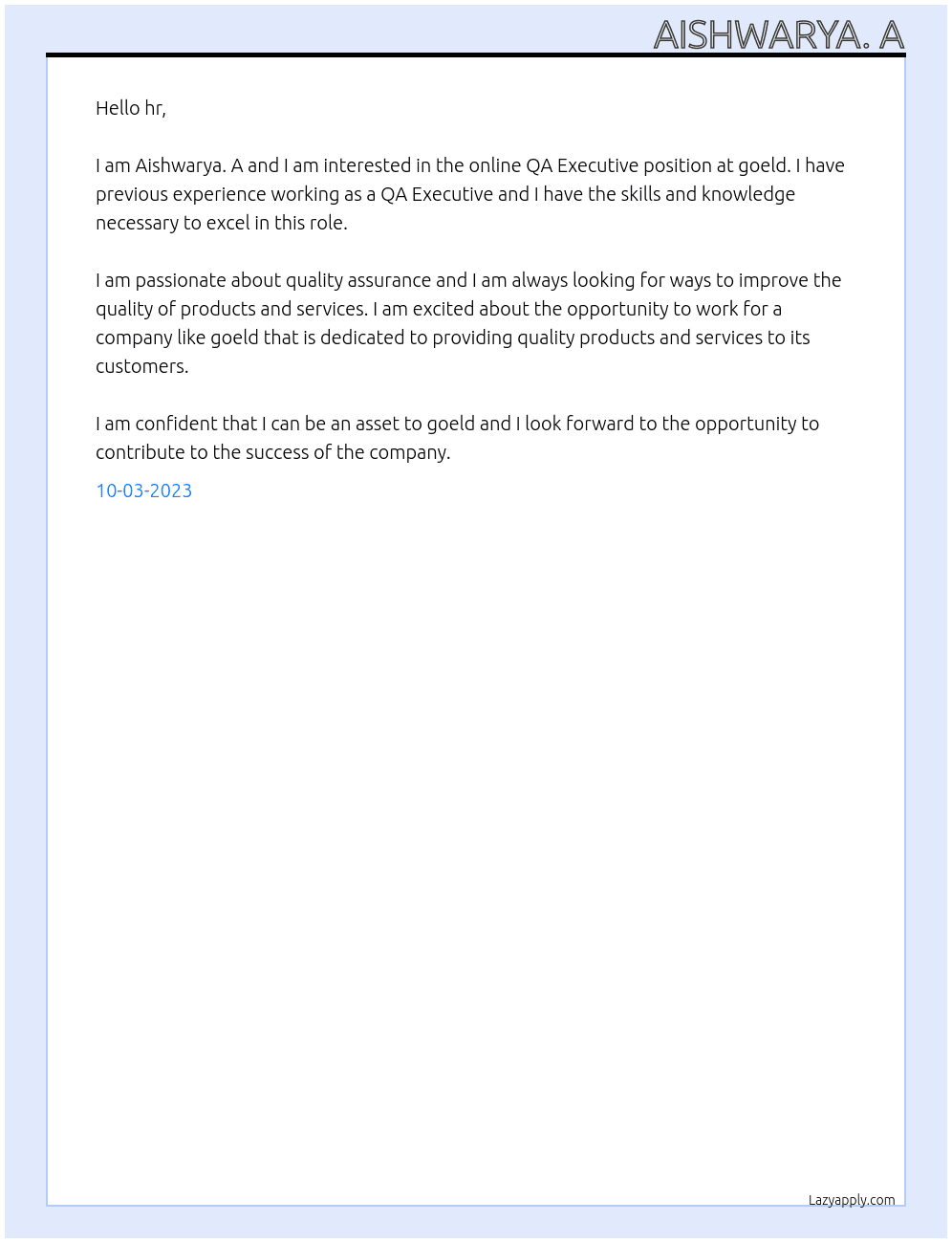 online QA Executive At goeld  Cover Letter