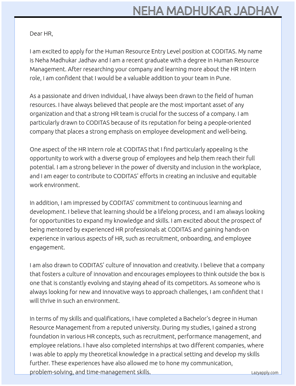Human Resource Entry Level At CODITAS Cover Letter