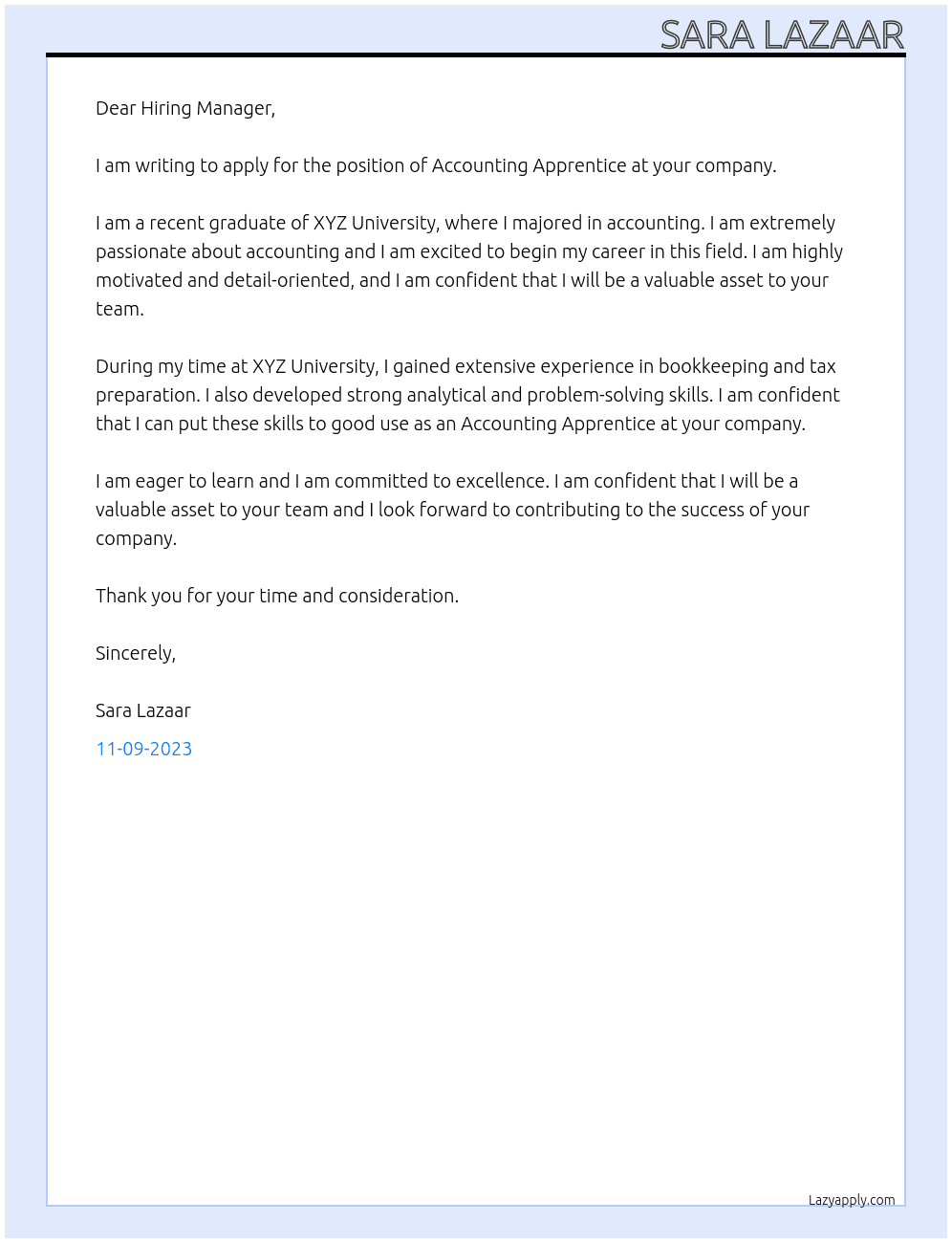 Accounting apprentice At an accounting company Cover Letter