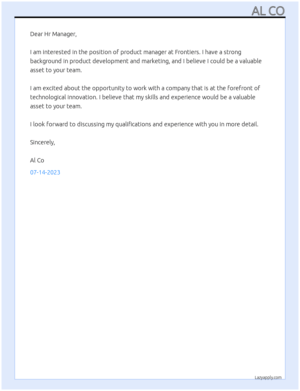 product manager At Frontiers Cover Letter