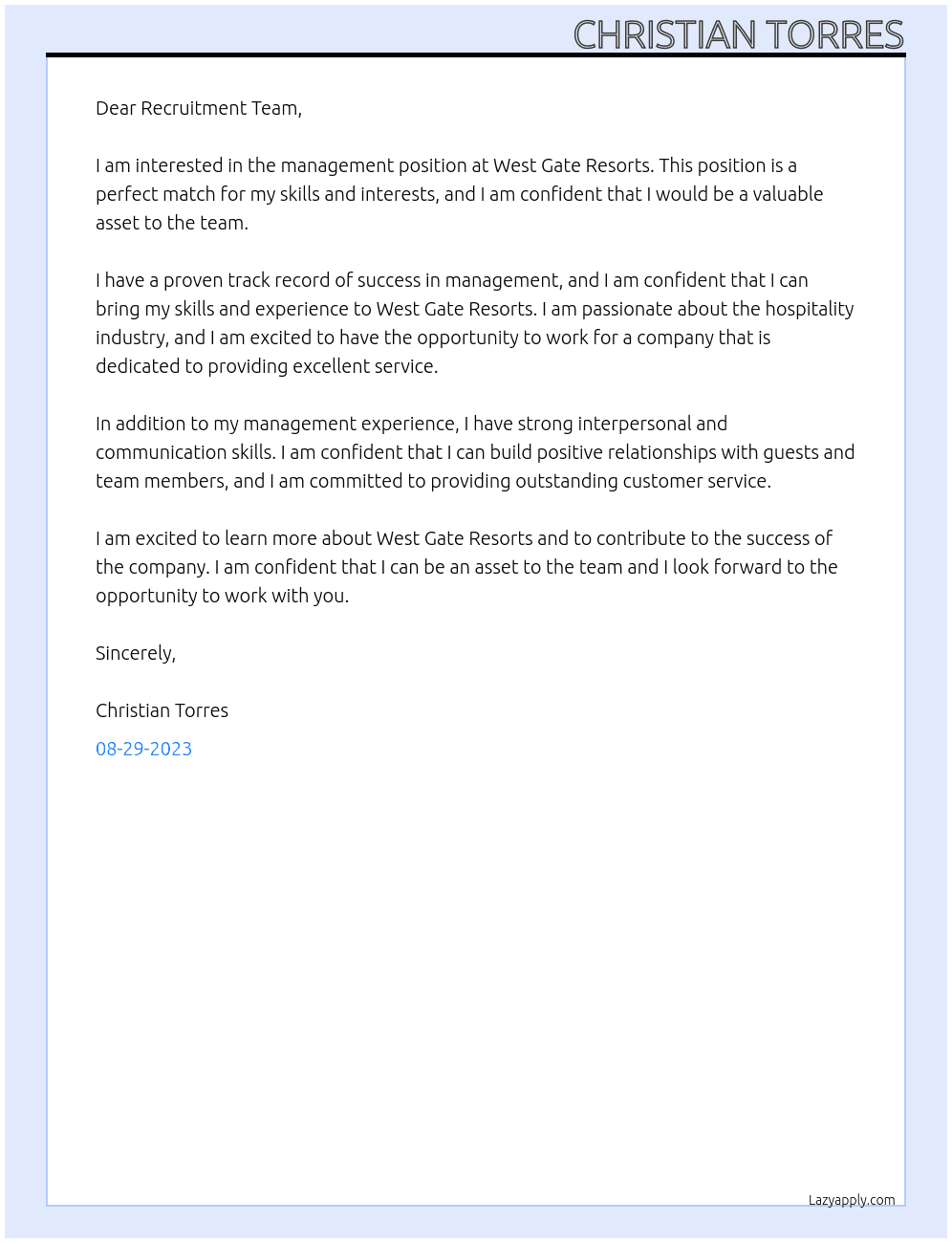 Management At West Gate Resorts Cover Letter